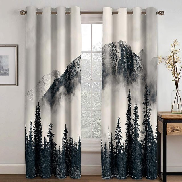Zweiteiliges Vorhangset mit Wald-Print und Dschungel-Motiv, semi-transparent, Mehrfarbig, B: 50 cm, H: 130 cm - Bild 1