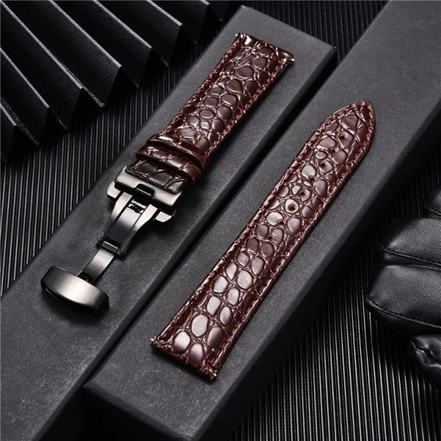 Uhrenarmband Leder, Krokodilmuster, automatische Schnalle, Herren, braun schwarz, 24 mm - Bild 1
