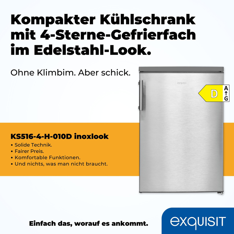 Exquisit Kühlschrank KS516-4-H-010D in Silver mit Inoxlook, Standgerät mit reversibler Tür, LED-Innenbeleuchtung und Flaschenregal, B/T/H: 57,5 x 60,0 x 185,0 cm - Bild 2