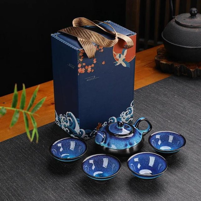 Yiran Furniture Keramik-Teegeschirr Set mit Teekanne und Tassen in Brown und Blue im Jun-Ofenwechsel-Stil mit Infuser - Bild 1