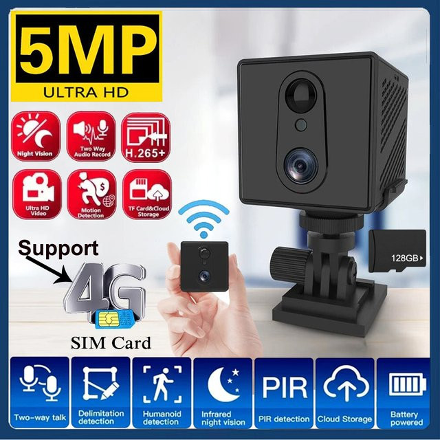 CUGUU Mini-Überwachungskamera mit 5 MP Auflösung, 4G-SIM und WiFi, Schwarz, mit menschlicher Bewegungserkennung und Nachtsicht, unterstützt bis zu 128 GB Speicher - Bild 1