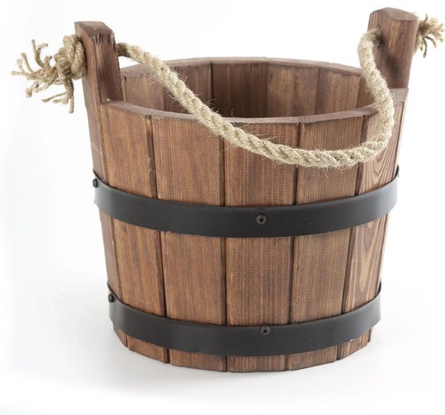 HolzFee Pflanzkübel rustikal aus Kiefernholz in Walnuss mit Seilgriff und Ösen, Durchmesser: 25 cm, Höhe: 20 cm - Bild 1