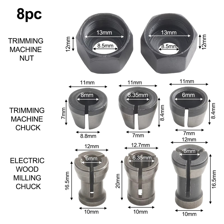 Vibratite Spannzangen-Set in Silber, 8 Stück für elektrische Fräsmaschinen und Gravurmaschinen, Durchmesser: 6 mm, 6,35 mm und 8 mm - Bild 3