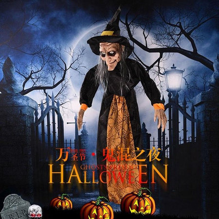 Lebensgroße animierte Hexe von RippleRift für Halloween mit LED-Augen und gruseligen Geräuschen in Grau, Höhe: 145 cm
