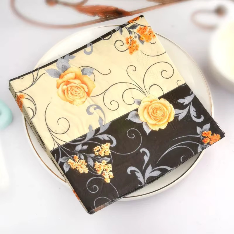 GUANYAO Papier Servietten mit Blumenmuster, 20er Paket, Schwarz und Gelb, B/B: 33 x 33 cm - Bild 2