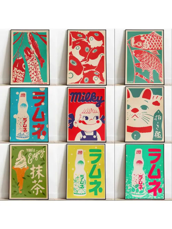 Potdemiel Diamantmalerei Wandbild Matcha Glückskatze im Vintage Pop-Art Stil, mehrfarbig, Leinwand Hochformat - Bild 2