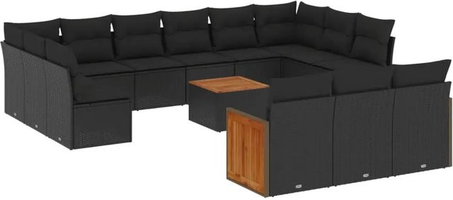 vidaXL 14-tlg. Garten-Sofagarnitur in U-Form aus Poly-Rattan und Akazienholz mit Kissen, Schwarz - Bild 1