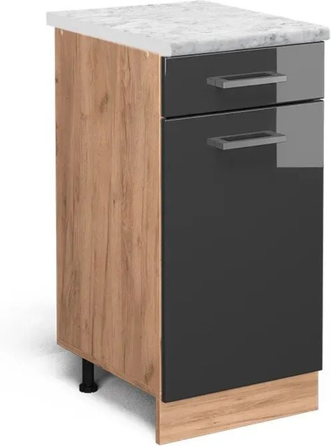 Vicco Küchenunterschrank R-Line Schubladenschrank in Anthrazit Hochglanz mit Eiche Korpus und Marmor Optik, Breite: 40 cm, Höhe: 81,6 cm, Tiefe: 46 cm - Bild 1
