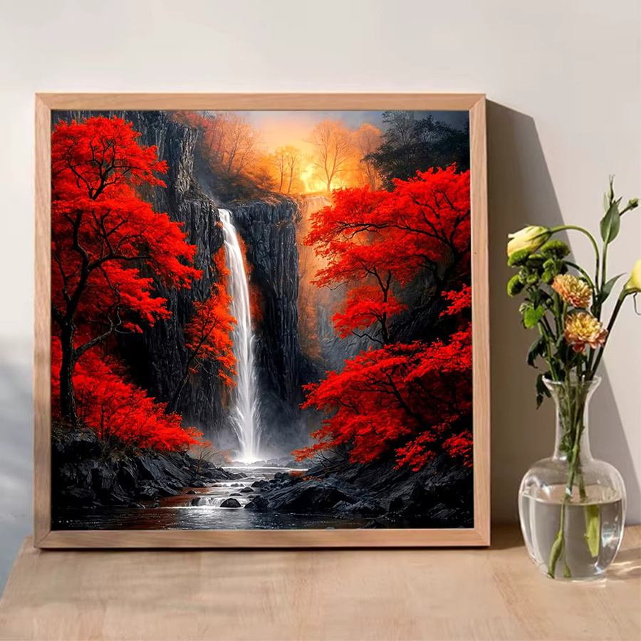 Momoart Diamantmalerei Berglandschaft mit Wasserfall und Bäumen, Rundes Mosaik-Bild in Herbstfarben - Bild 3