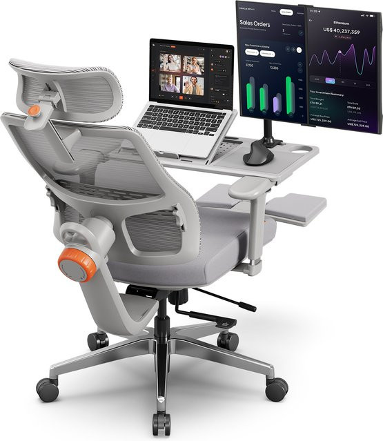 Newtral MagicH-GPro Ergonomischer Home-Office Stuhl mit Arbeitsstation LAPD in Grau mit Fußstütze, 5D-Kopfstütze und 4D-Armlehnen - Bild 1