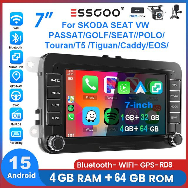 ESSGOO Android 15 Autoradio mit 7 Zoll Display für VW Golf 5 6 Passat Polo 6R Touran Tiguan Caddy EOS Jetta Seat Skoda, Schwarz, mit Wireless Carplay, Android Auto, GPS Navigation, Bluetooth und WIFI - Bild 1