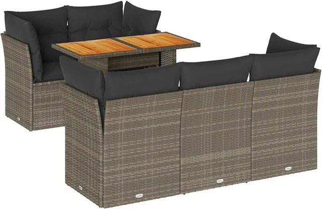 vidaXL 6-teilige Garten-Sofagarnitur in L-Form aus Polyrattan und Akazienholz in Grau mit Kissen und Stauraum - Bild 1