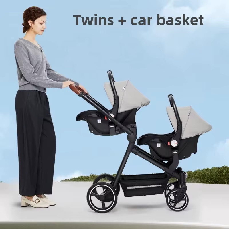 3-in-1 Zwillingskinderwagen mit Autositzen von Warm house in Grau und Schwarz - Bild 2