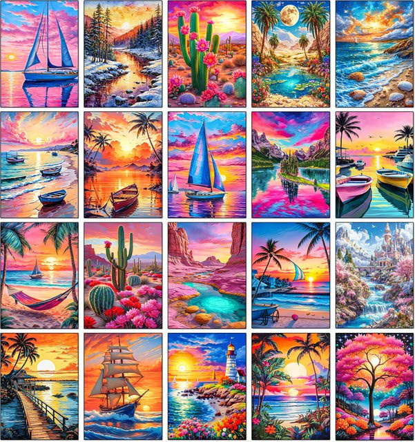 QIZITENG 5D DIY Diamant Malerei Kit Kaktus Segelboot Sonnenuntergang Landschaft Mosaik Kreuzstich Set zur Raumdekoration - Bild 1
