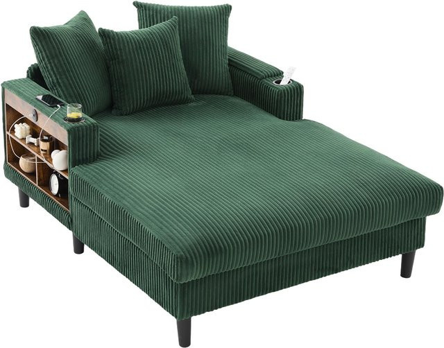 GOMYWAY Home Multifunktionale Cord-Chaiselongue in Grün mit beidseitigen Getränkehaltern und klappbarer Armlehne, B/T/H: 129 x 170 x 70 cm - Bild 1
