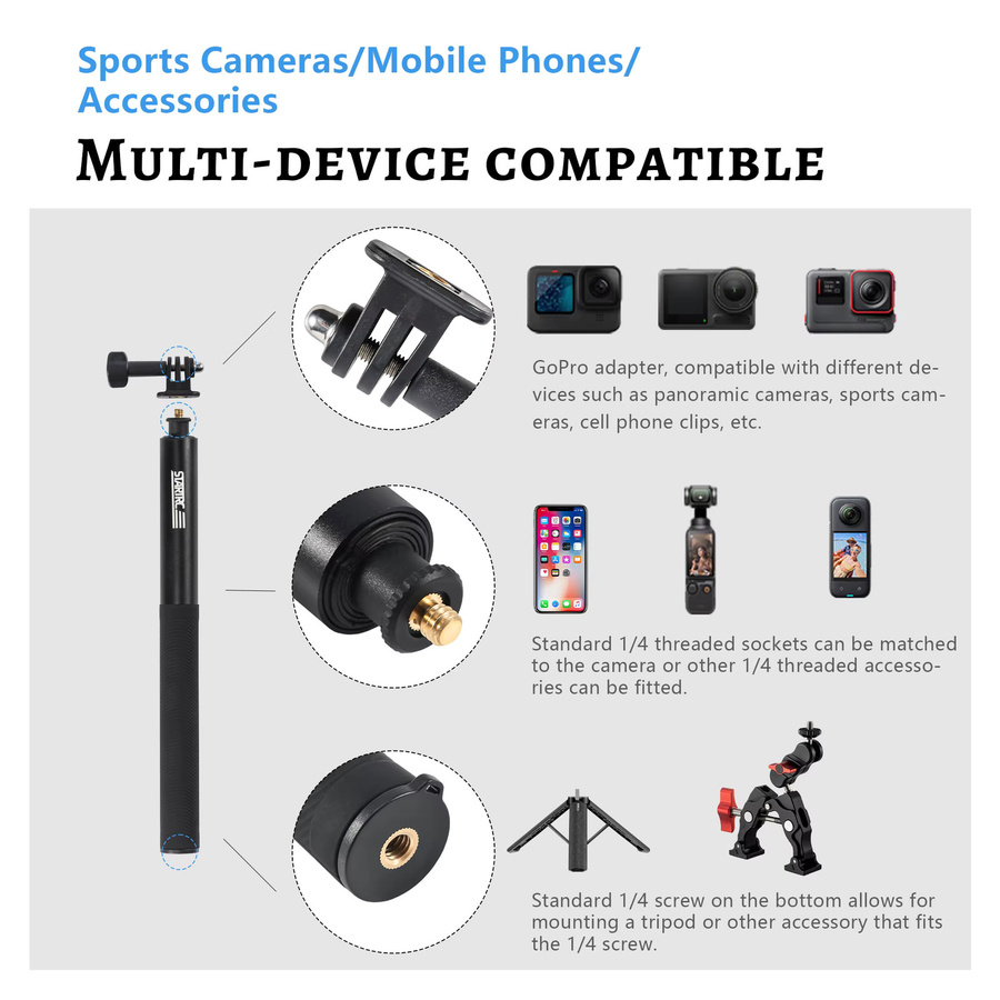 STARTRC Selfie-Stick 1,3m in Schwarz mit 1/4-Zoll-Schraube für GoPro, Insta360 X4 X5, DJI Osmo Pocket 4 3 und Action Kameras - Bild 4