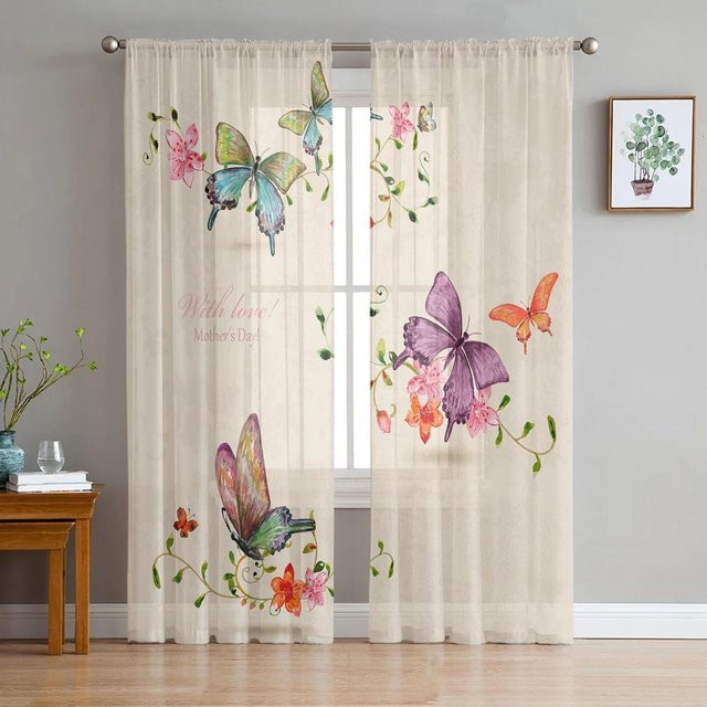 Yiran Furniture Chiffon-Vorhang mit buntem Schmetterlings- und Blumenmuster in Weiß und Multicolour, transparent, B: 135 cm, H: 115 cm - Bild 1