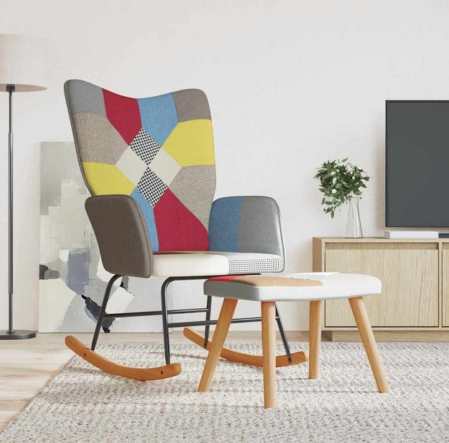 vidaXL Schaukelstuhl mit Fußhocker in Patchwork-Optik, Grau/Mehrfarbig, Boho-Stil - Bild 2