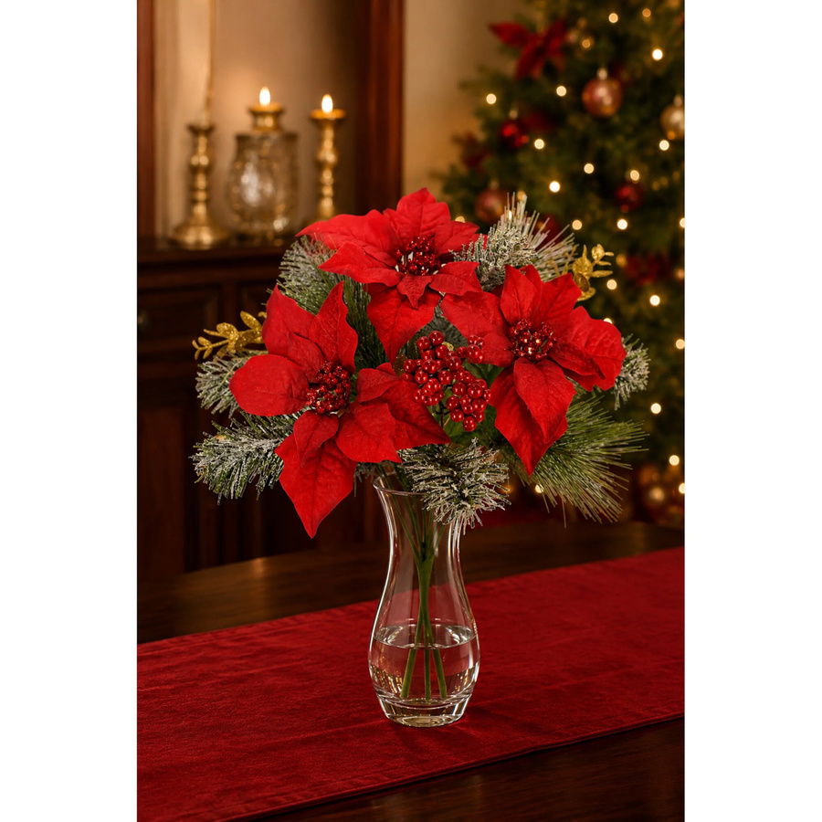 Kunstblumenstrauß Weihnachtsstern-Mix in Rot für Advent und Weihnachten aus Textil - Bild 2