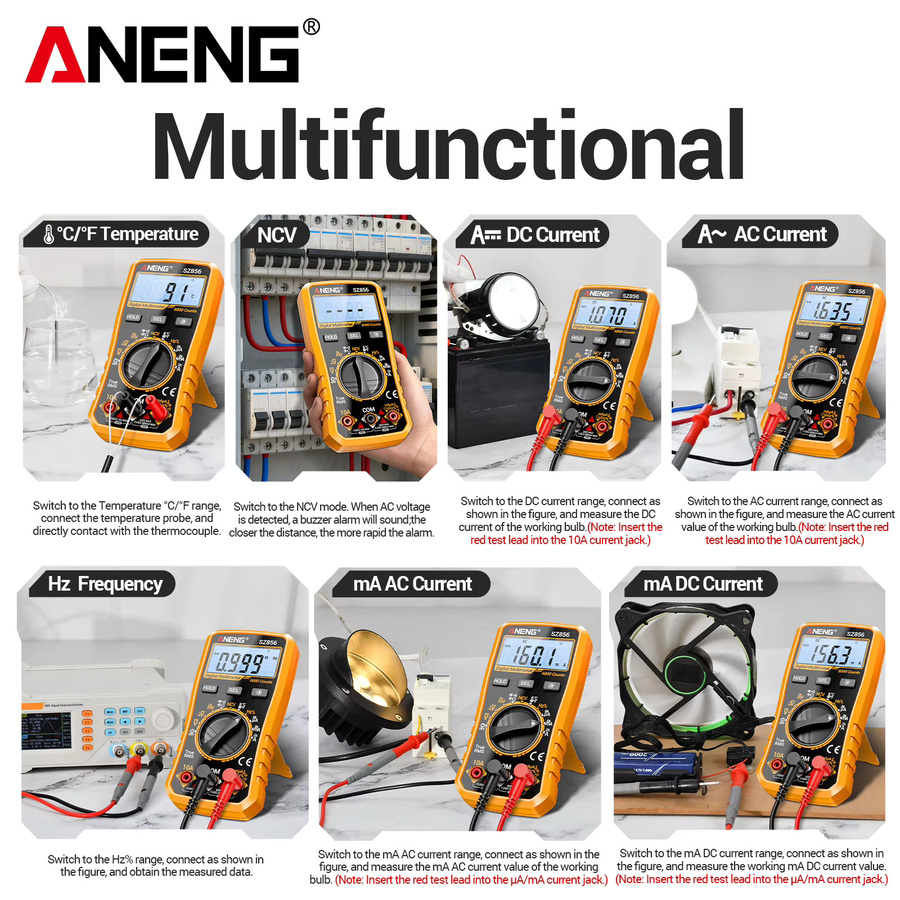 ANENG SZ856 Digitales Multimeter mit 6000 Anzeigen in Gelb für AC/DC Spannung, Strom, Widerstand, Kapazität, Frequenz, Temperatur und NCV Durchgangsprüfung mit Summer - Bild 5