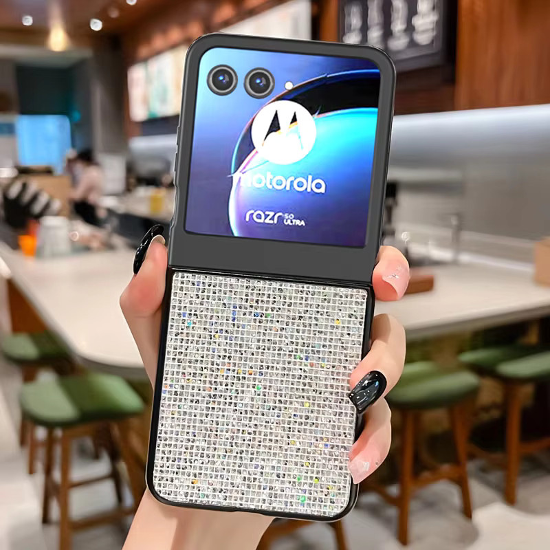 Luxuriöse Glitzer-Gitter-Leder-Handyhülle für Motorola Razr 40, 50 und 60 Ultra in Weiß, stoßfeste Schutzhülle aus hartem PC - Bild 3