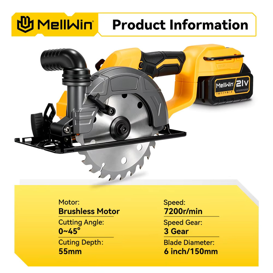 MELLWIN Bürstenlose 6-Zoll-Elektro-Kreissäge in Gelb, tragbare Multifunktions-Schneidemaschine für Holz und PVC-Rohre, wiederaufladbar und kompatibel mit Makita LXT Akkus - Bild 4