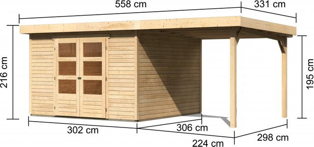 Gartenhaus ASKOLA 6 Naturbelassen mit 240 m2 Anbaudach B: 302 cm, T: 306 cm, Wandstärke: 19 mm - Bild 1
