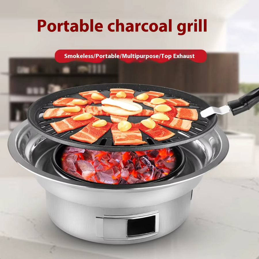 KOSUN Rauchfreier Holzkohle-Grilltopf aus Edelstahl in Silber, tragbarer BBQ-Grill mit Antihaftbeschichtung, B/T/H: 34,5 x 34,5 x 12,0 cm - Bild 3