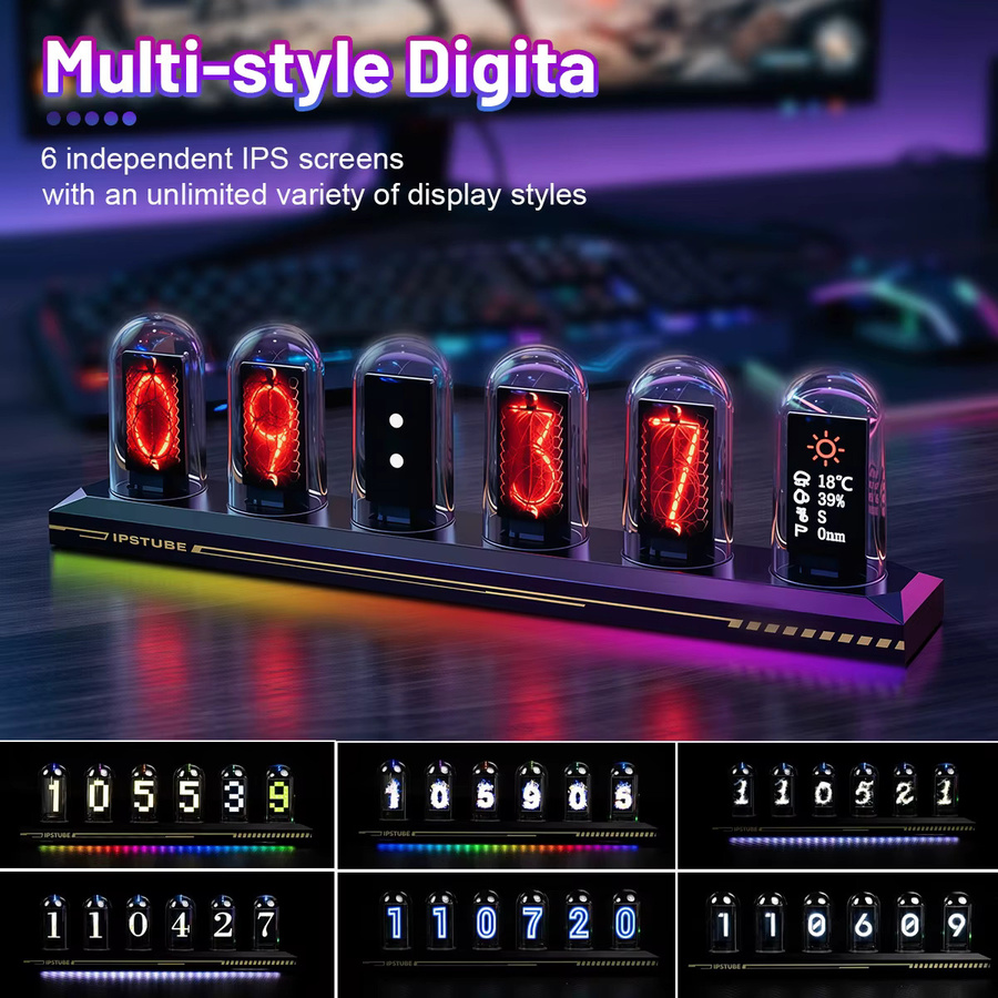 Aiopp RGB Nixie-Röhren-Uhr mit IPS-Farbdisplay in Schwarz, Multicolour Neon-Glühröhren mit Zeit-, Foto- und Wetteranzeige als Desktop-Dekoration - Bild 3