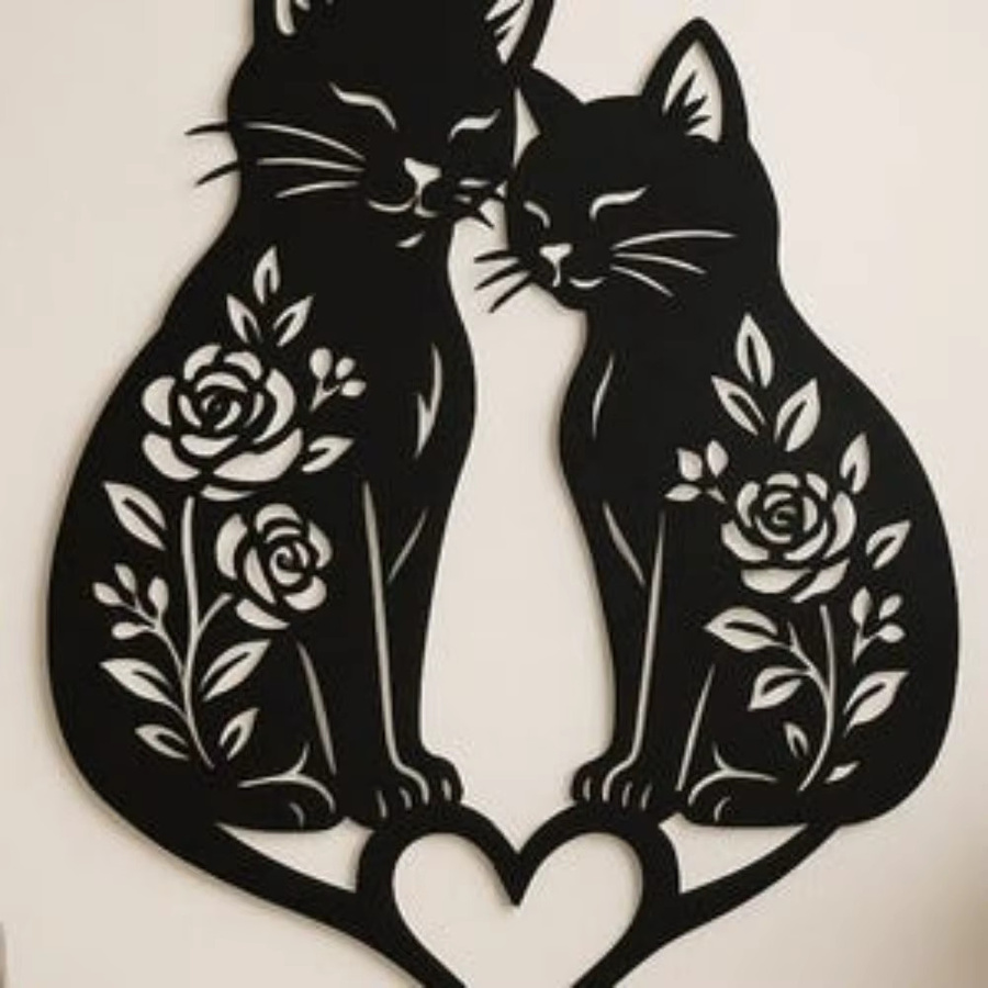 CIFBUY Wandkunst aus Metall mit Katzen- und Herzmotiv in Schwarz als romantische Dekoration - Bild 3