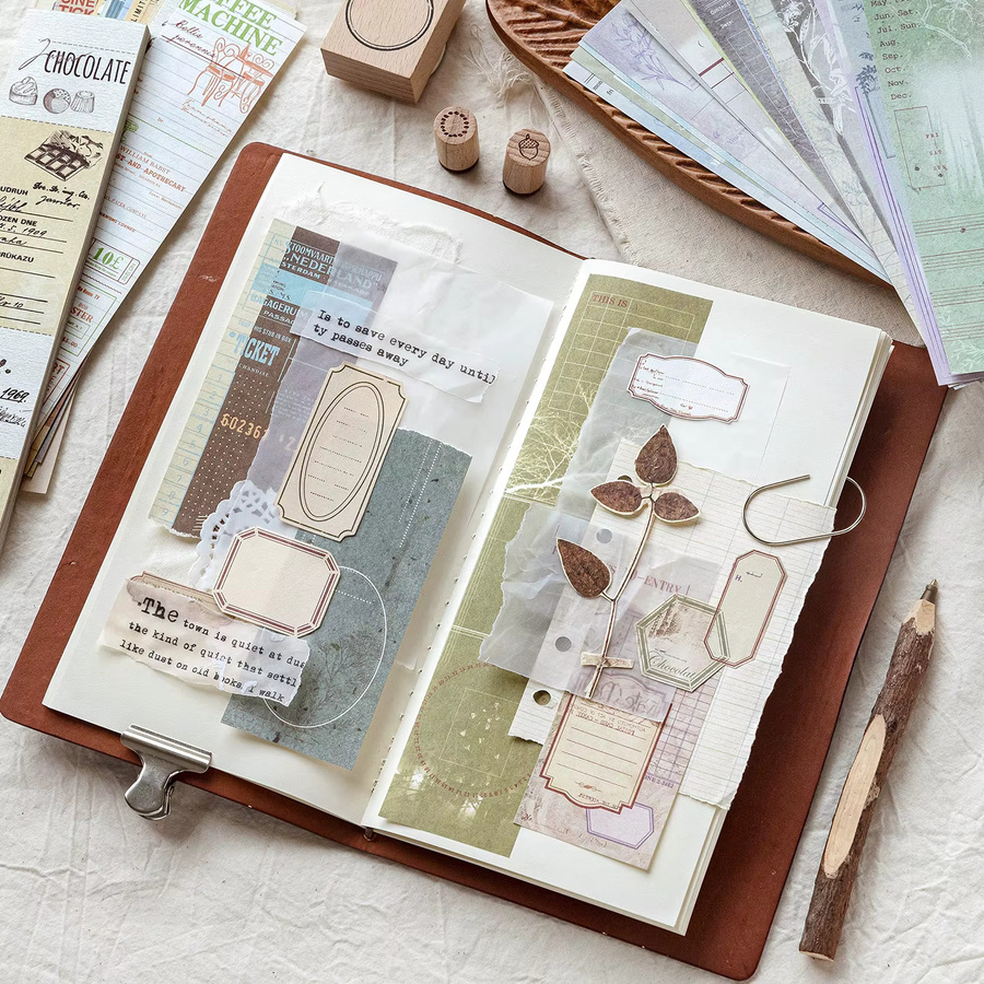 Vintage Lange Streifen-Haftnotizen in Braun und Multicolour für Journaling und Collage, Nicht-Klebendes Hintergrundpapier - Bild 5