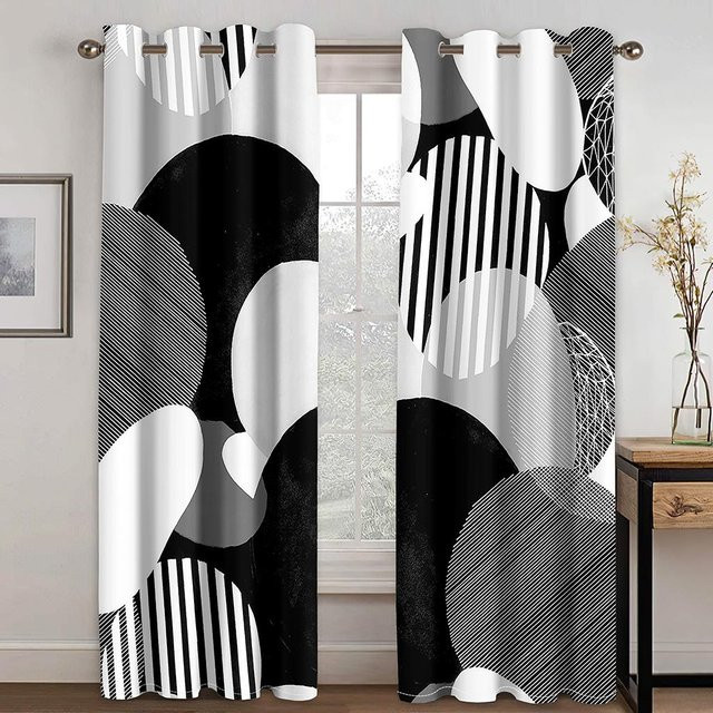 Moderne geometrische Vorhänge mit Kreis-Motiv in Schwarz-Weiß, 2 Paneele, halbtransparent, Breite: 70 cm, Höhe: 245 cm - Bild 1