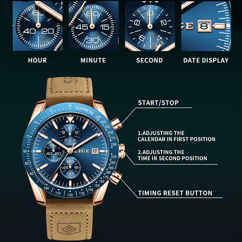 LIGE Chronograph, Quarz, Leder, Blau, Herren - Bild 3