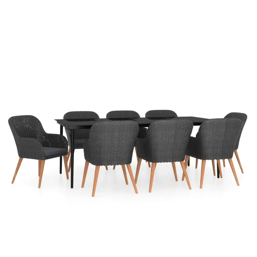 vidaXL 9-teilige Garten-Essgruppe aus PE-Rattan und Akazienholz mit Kissen in Schwarz und Grau - Bild 2