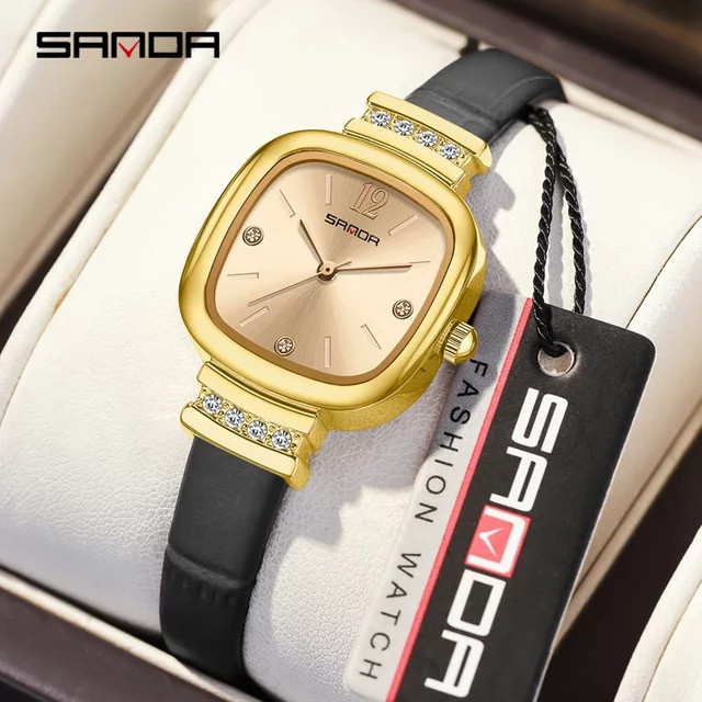 SANDA Armbanduhr, Quarzuhr, Eckiges Zifferblatt, Silber, Leder, Damen - Bild 1
