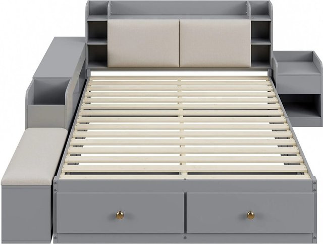 KOMHTOM Massivholz-Kombi-Bett aus Kiefernholz mit Schubladen, Nachttisch, Langschrank und Sofabank, Farbe: Grau, B/T/H: 140 x 200 cm - Bild 1