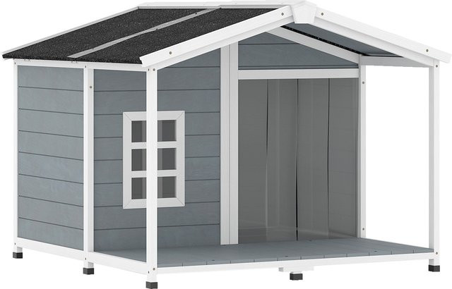 PawHut Hundehütte aus Holz in Grau mit aufklappbarem Asphaltdach und Terrasse, wetterfestes Outdoor-Hundehaus für mittelgroße Hunde, B/T/H: 103 x 107 x 83,5 cm, Marke Aosom - Bild 1
