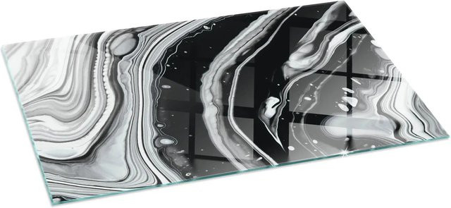 Tulup Glasplatte für Kamin mit abstraktem Wellen- und Linienmuster in Schwarz und Weiß, B: 140 cm, T: 70 cm - Bild 1