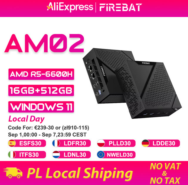 FIREBAT MINI PC AM02 Desktop-Computer mit AMD Ryzen 5 6600H, 16GB LP DDR5, 512GB SSD, Windows 11, WIFI6, BT5.2, Schwarz - Bild 1