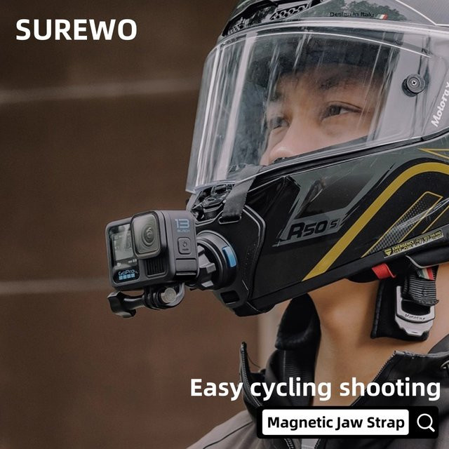 SUREWO Magnetischer Backenriemen mit Schnellverschluss als Helmhalterung für DJI Action 5 Pro 4/3 und GoPro 13/12/11 in Schwarz - Bild 1