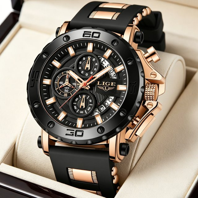 LIGE Chronograph, Quarz, Schwarz, Silikon, Herren - Bild 1