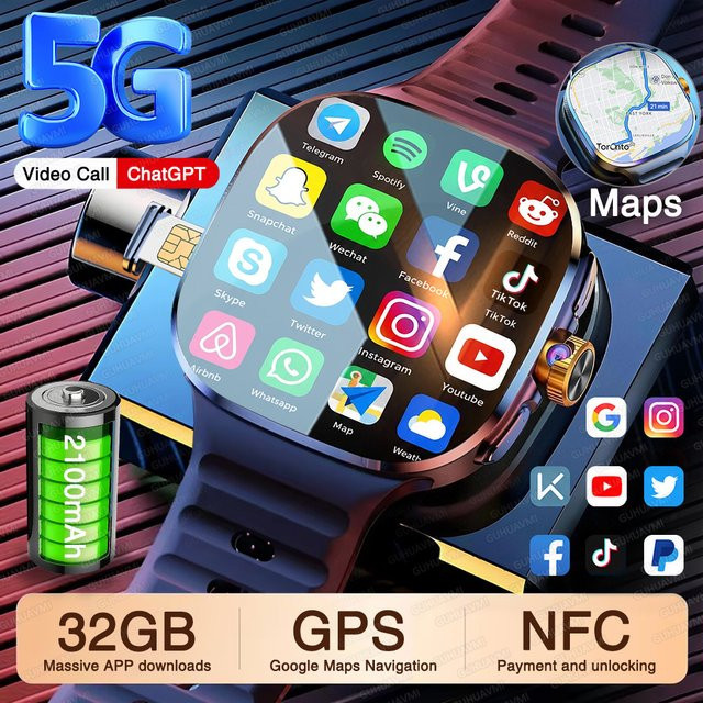 GUHUAVMI Android Smartwatch mit 5G/4G Vollnetz, 3GB RAM + 32GB Speicher, HD-Kamera, Videoanruf, WIFI, NFC und GPS in Schwarz - Bild 1