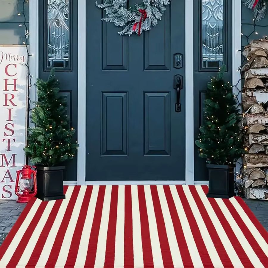 VIKAMA Weihnachts-Außenteppich mit roten und weißen Streifen, rechteckige Willkommens-Fußmatte für die Veranda, B/B/H: 60,0 x 40,0 cm - Bild 2