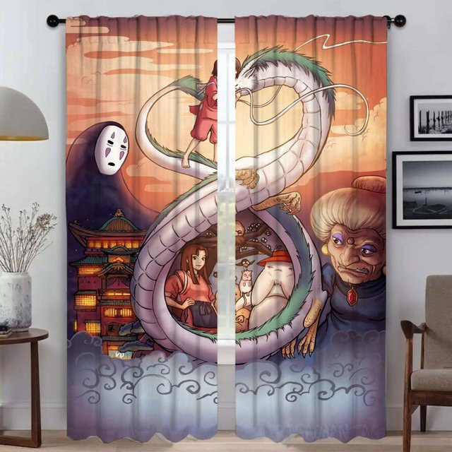 Spirited Away Halloween Tüll-Vorhänge Set, 2 Stück moderne halbtransparente Dekoration für Schlafzimmer und Wohnzimmer, Mehrfarbig, Breite: 50 cm, Höhe: 70 cm - Bild 1