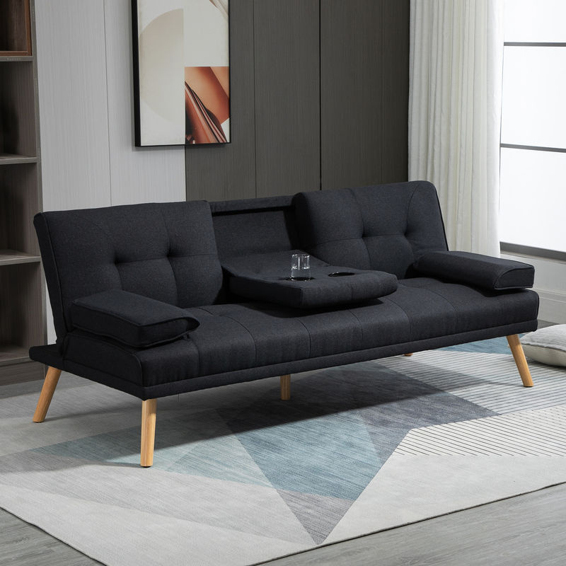 HOMCOM 3-Sitzer Schlafsofa in Grau mit Leinenoptik und Skandi-Design inklusive klappbarem Tisch und Becherhalter - Bild 2