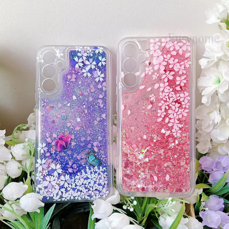 Glitzernde Handyhülle für Xiaomi Redmi Note 14 13 Pro Plus 12 12C 13C 11 15C A5 in Rosa mit Treibsand-Blumen-Schmetterlings-Design und Klarsicht-Effekt - Bild 2