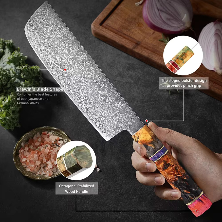 Xituo Nakiri-Messer aus Damaststahl mit achteckigem Holzgriff, 17,78 cm - Bild 3