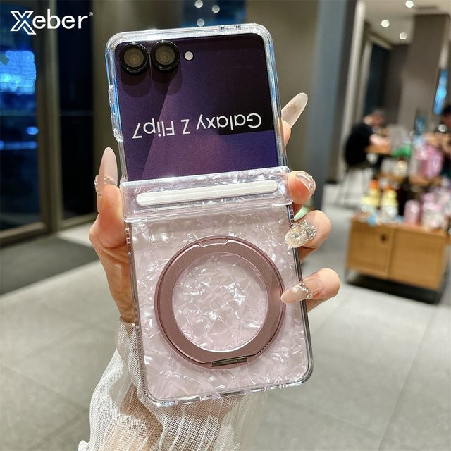 Magnetische Scharnier-Schutzhülle mit Muschelmuster für Samsung Galaxy Z Flip 7 FE, 8, 6, 5 mit 360 Grad drehbarer Halterung und kabelloser Ladestation, Farbe: Pink/Transparent, Material: Hartes PC - Bild 1
