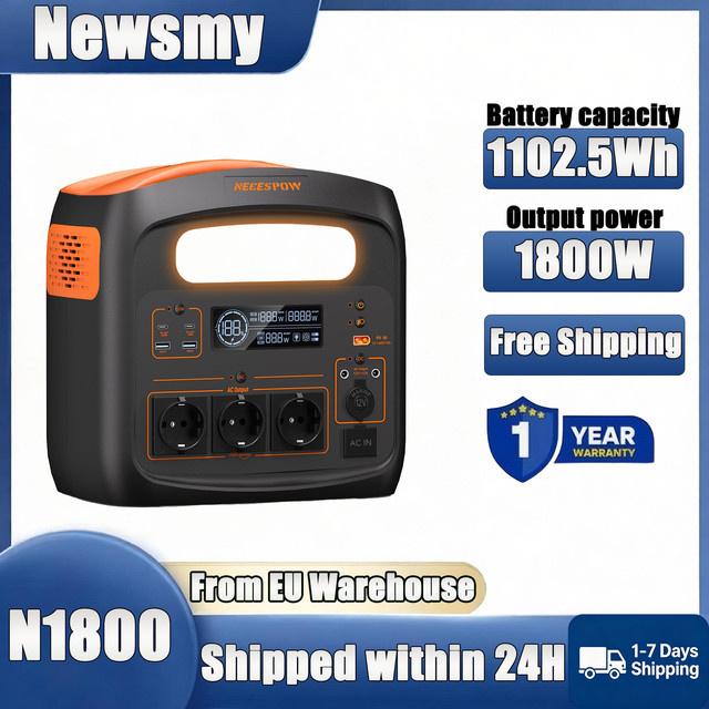 Newsmy N1800 Tragbare Powerstation mit 1800W, 1102,5Wh LiFePO4-Akku, USB-C PD100W und integriertem LED-Licht für Camping und Outdoor - Bild 1