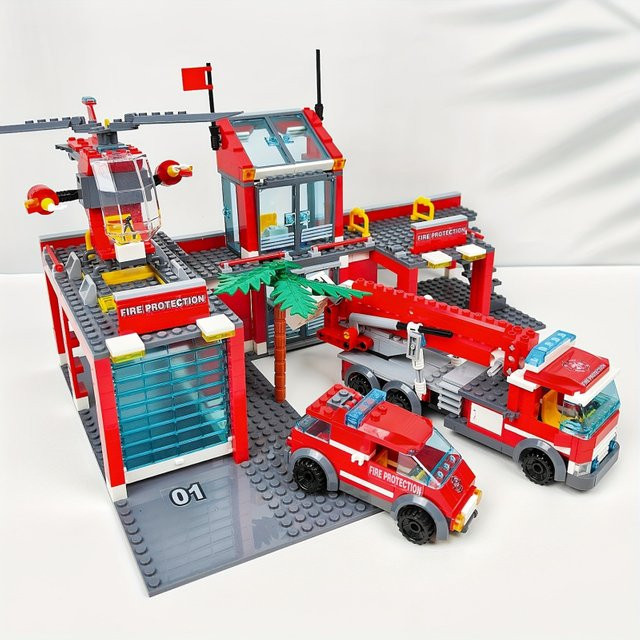 SIEZYOL Bausteine-Set Stadtfeuerwache mit Hubschrauber und Feuerwehrauto, Feuerwehr - Bild 1